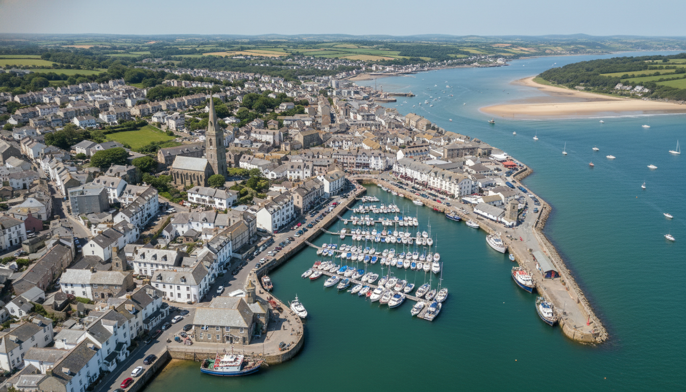 Padstow, UK - aerial view showing the town center and local architecture