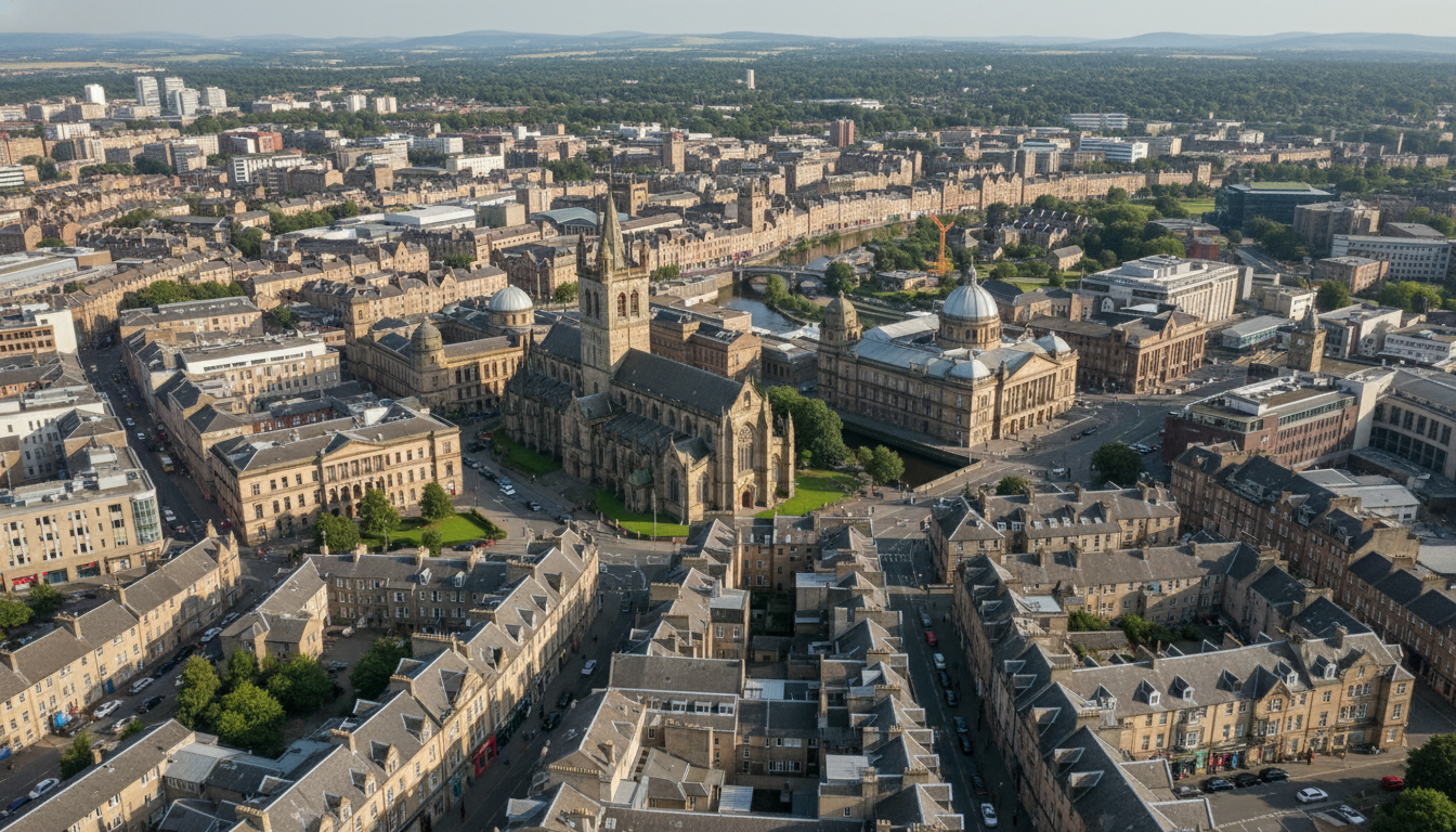 Paisley, UK - aerial view showing the town center and local architecture