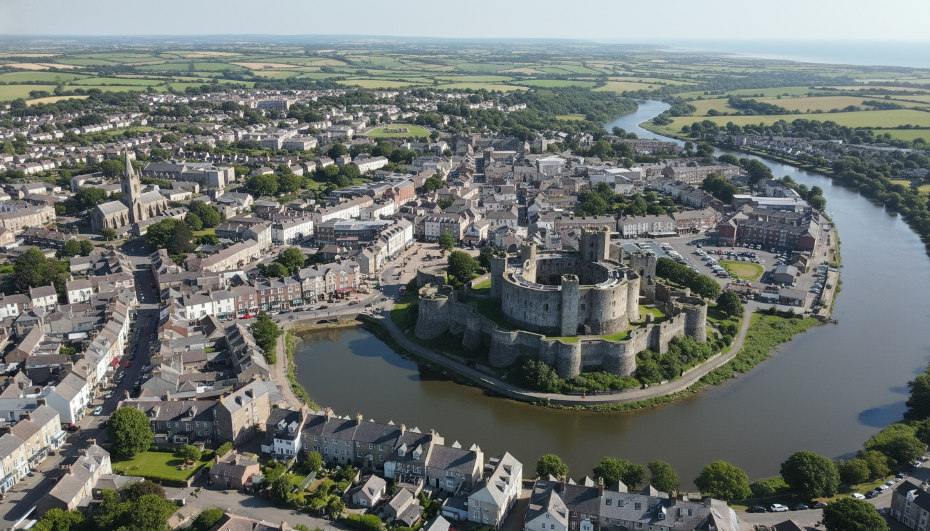 Pembroke, UK - aerial view showing the town center and local architecture