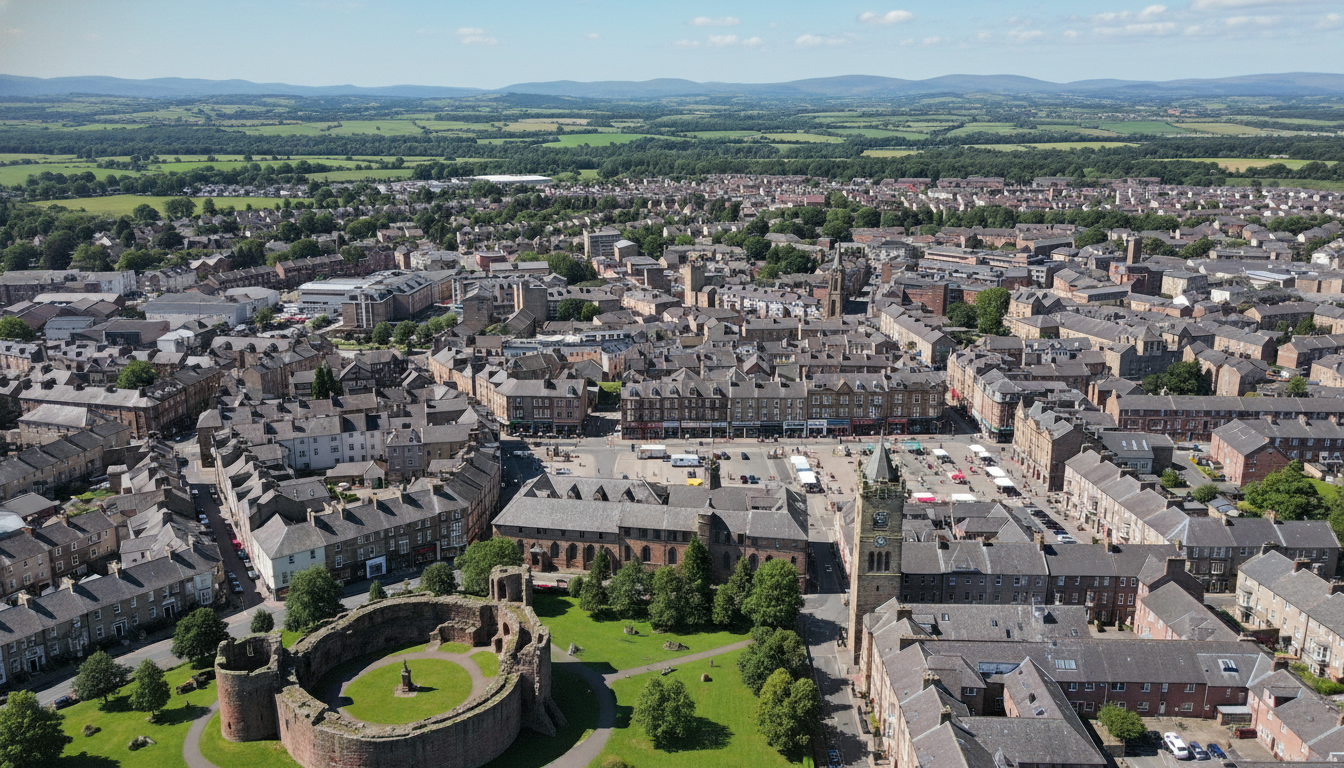 Penrith, UK - aerial view showing the town center and local architecture