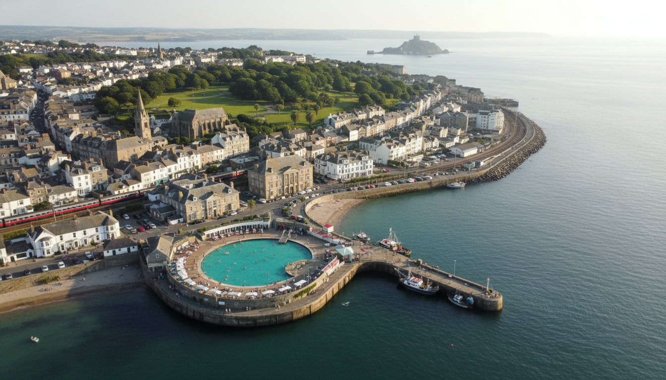 Penzance, UK - aerial view showing the town center and local architecture