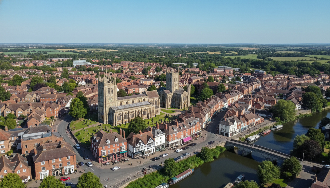 Pershore, UK - aerial view showing the town center and local architecture