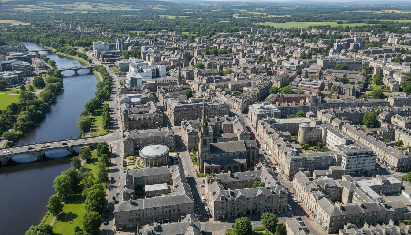 Perth, UK - aerial view showing the town center and local architecture