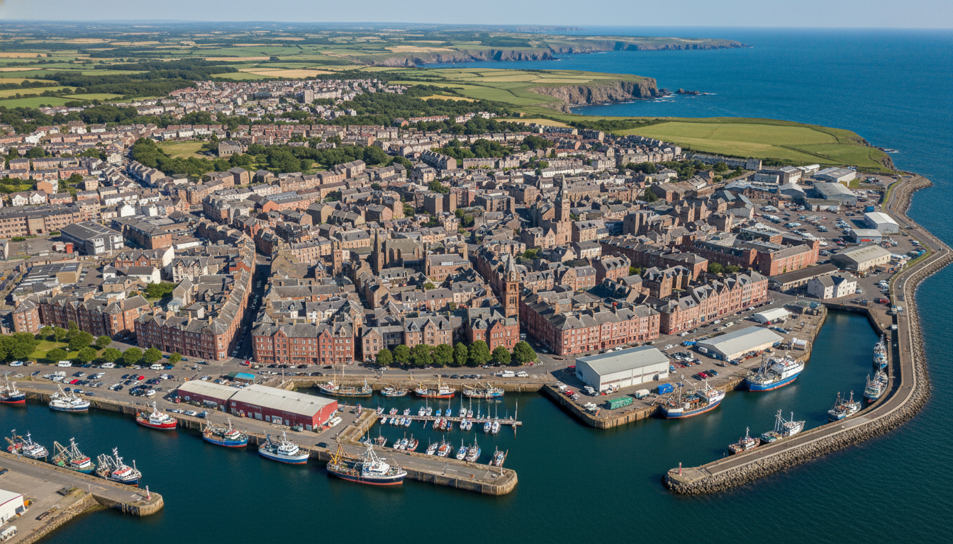 Peterhead, UK - aerial view showing the town center and local architecture