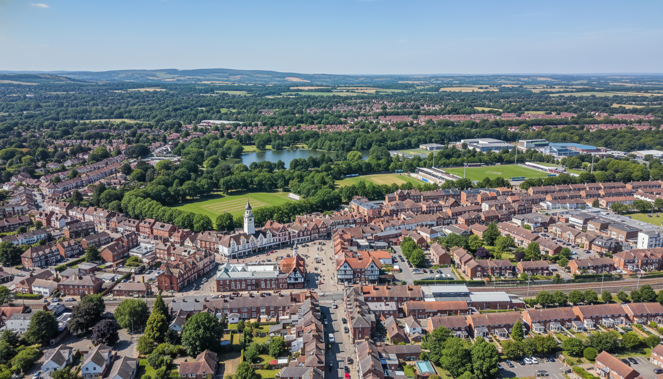 Petersfield, UK - aerial view showing the town center and local architecture