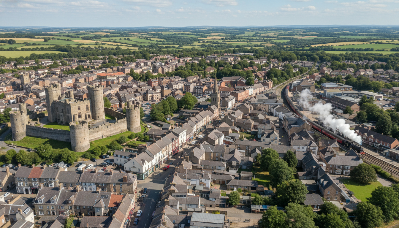 Pickering, UK - aerial view showing the town center and local architecture