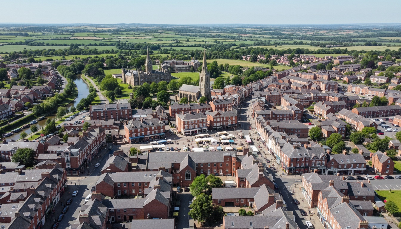 Pocklington, UK - aerial view showing the town center and local architecture