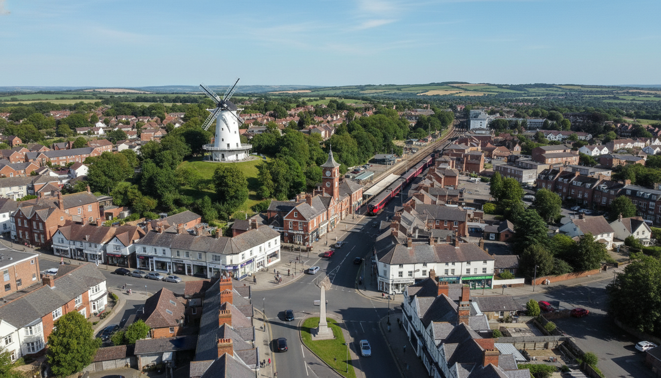Polegate, UK - aerial view showing the town center and local architecture