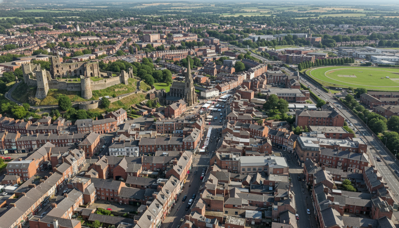 Pontefract, UK - aerial view showing the town center and local architecture