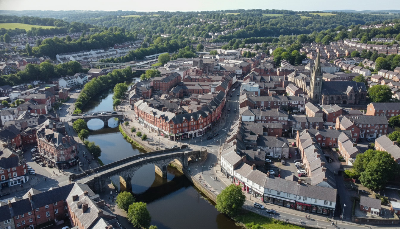 Pontypridd, UK - aerial view showing the town center and local architecture