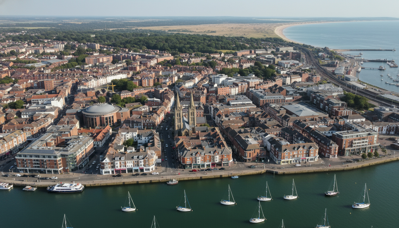 Poole, UK - aerial view showing the town center and local architecture