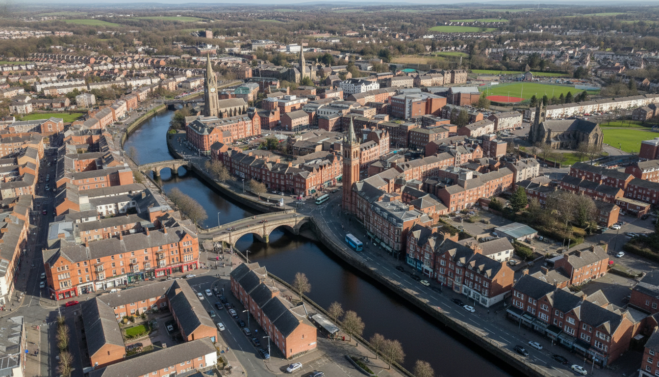 Portadown, UK - aerial view showing the town center and local architecture