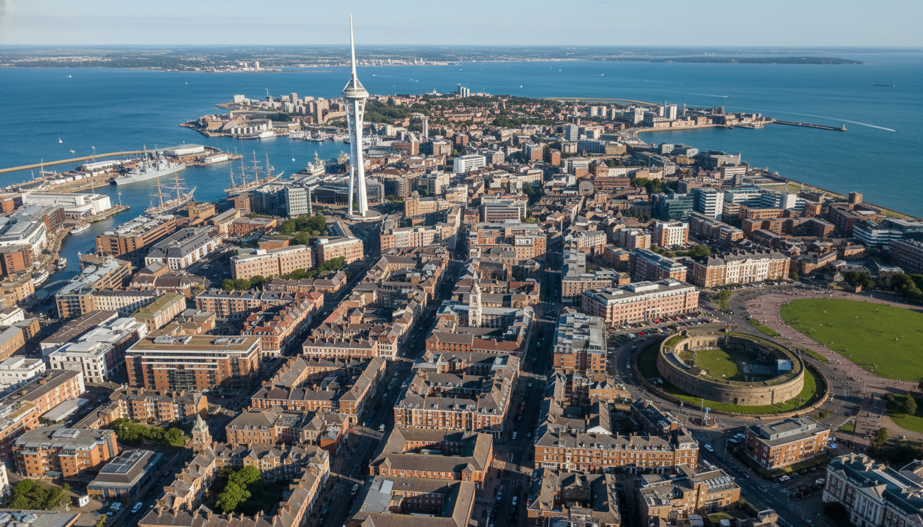 Portsmouth, UK - aerial view showing the town center and local architecture