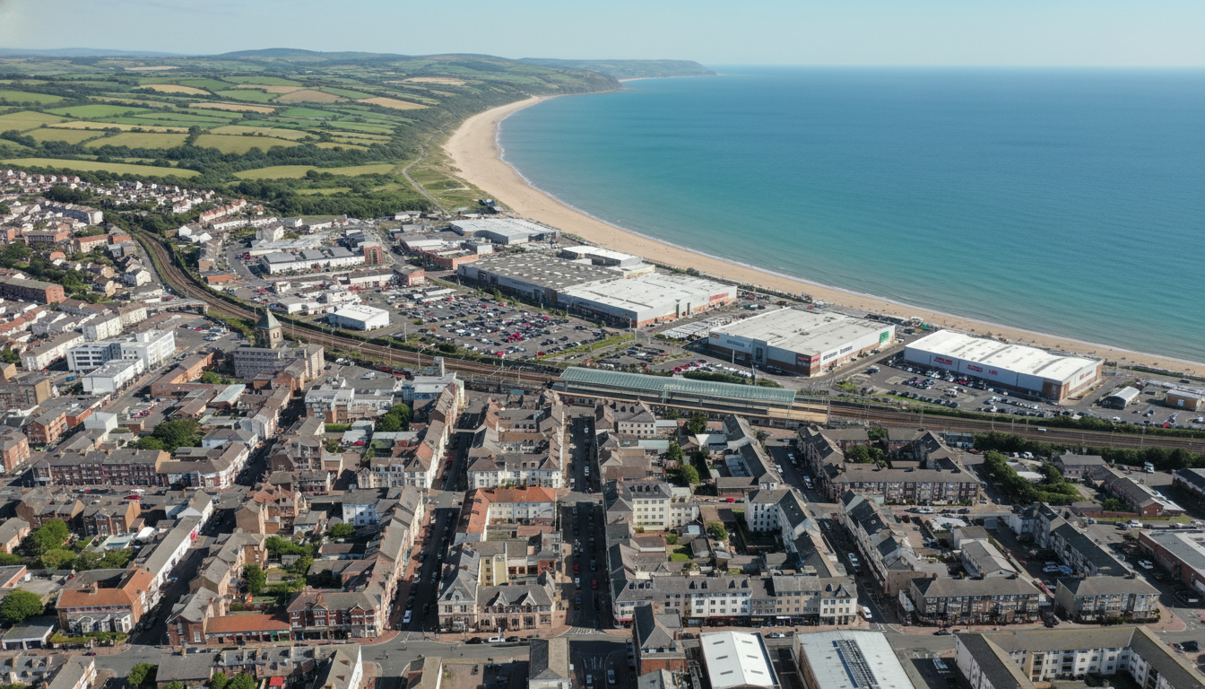 Prestatyn, UK - aerial view showing the town center and local architecture