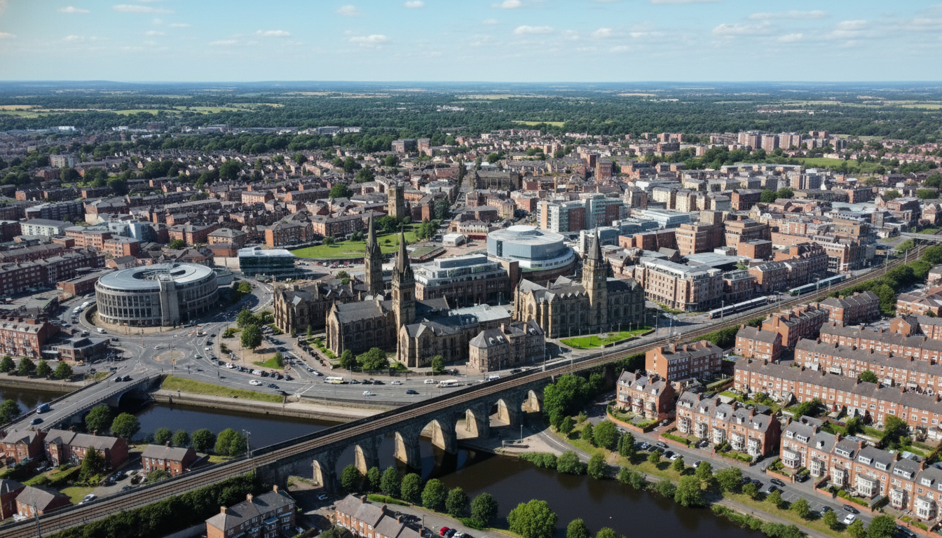 Preston, UK - aerial view showing the town center and local architecture