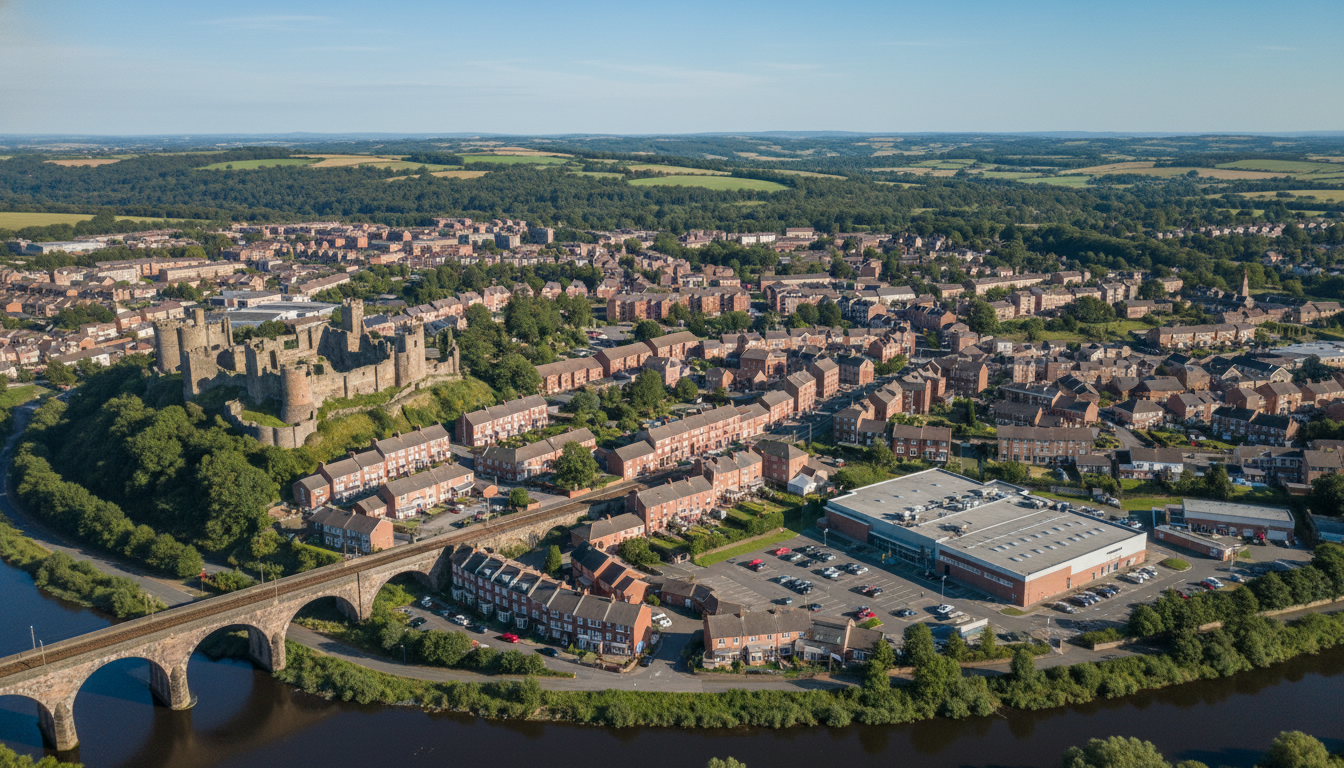 Prudhoe, UK - aerial view showing the town center and local architecture