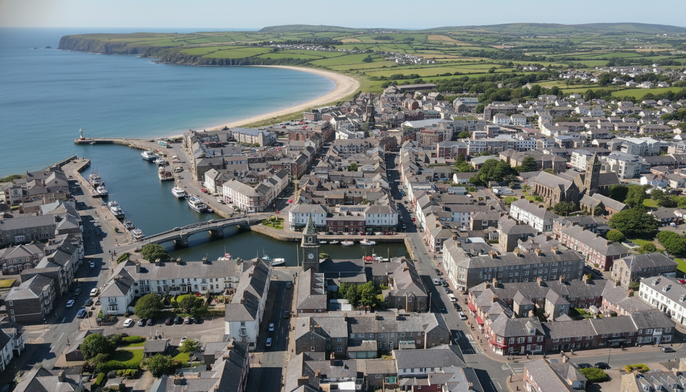 Ramsey, UK - aerial view showing the town center and local architecture