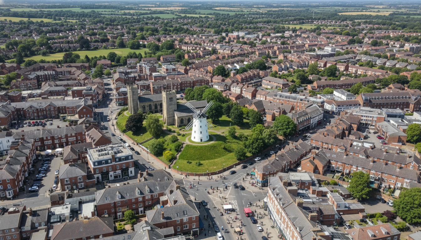 Rayleigh, UK - aerial view showing the town center and local architecture