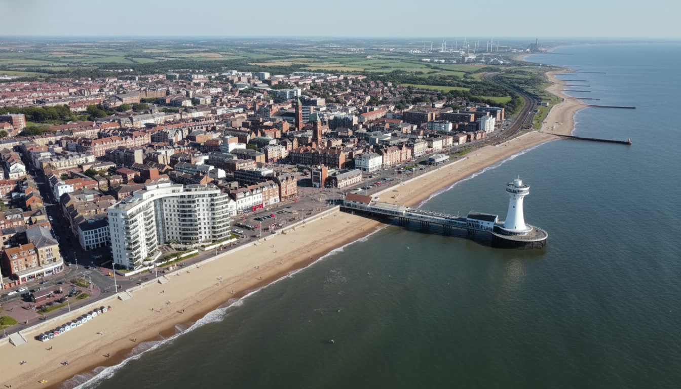 Redcar, UK - aerial view showing the town center and local architecture
