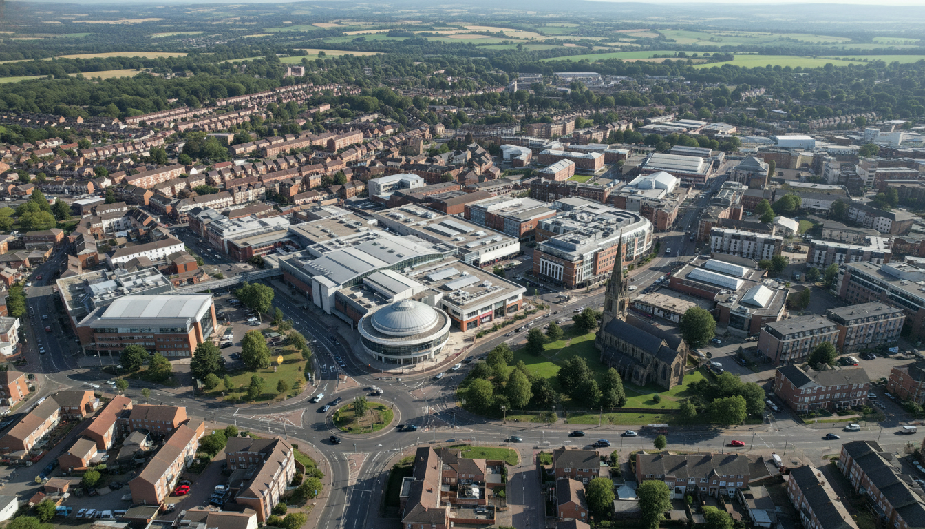 Redditch, UK - aerial view showing the town center and local architecture