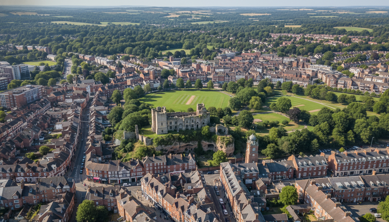 Reigate, UK - aerial view showing the town center and local architecture