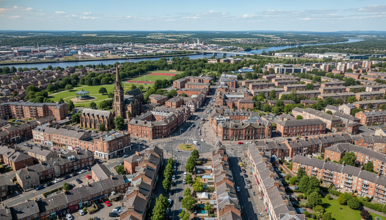 Renfrew, UK - aerial view showing the town center and local architecture