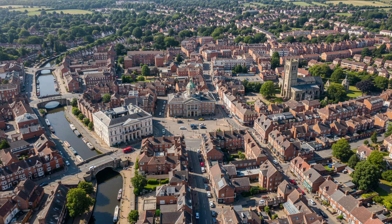 Retford, UK - aerial view showing the town center and local architecture