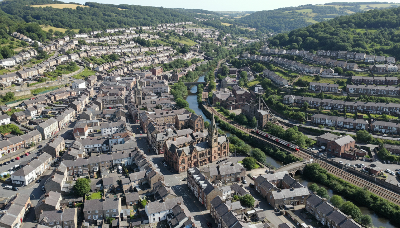 Rhondda, UK - aerial view showing the town center and local architecture