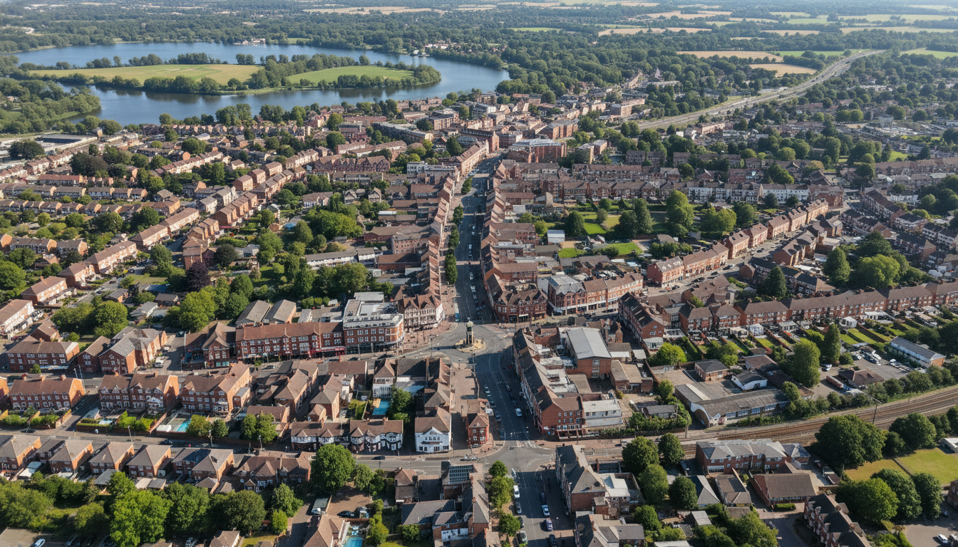 Rickmansworth, UK - aerial view showing the town center and local architecture