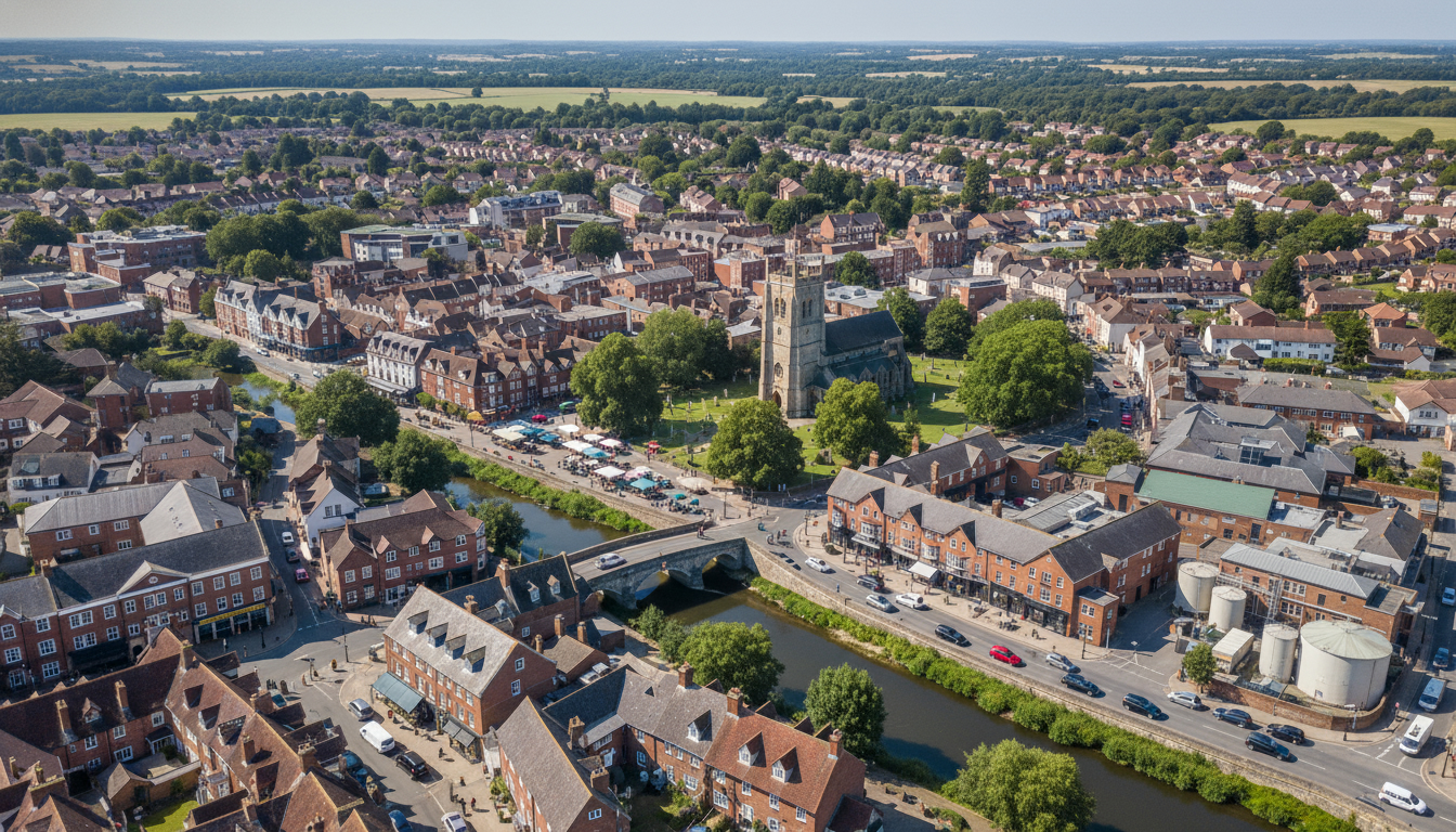 Ringwood, UK - aerial view showing the town center and local architecture