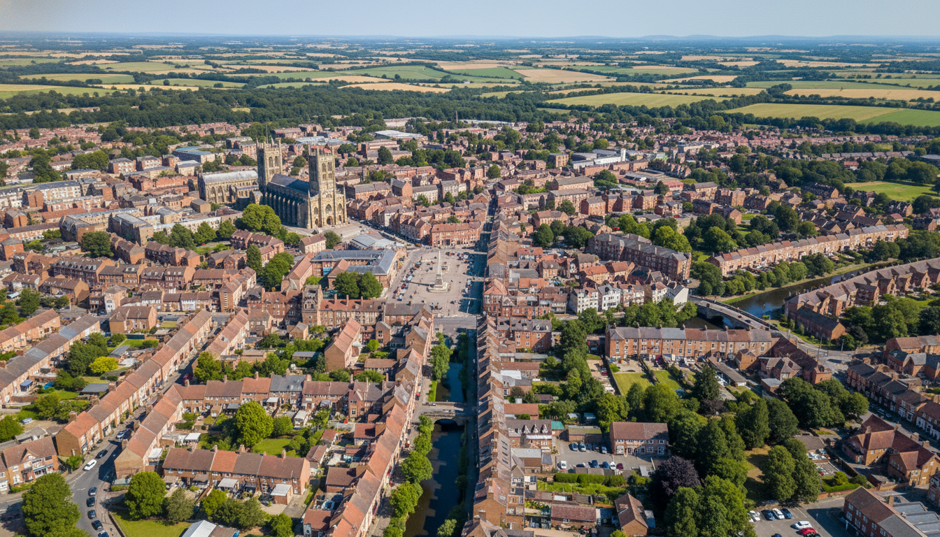 Ripon, UK - aerial view showing the town center and local architecture
