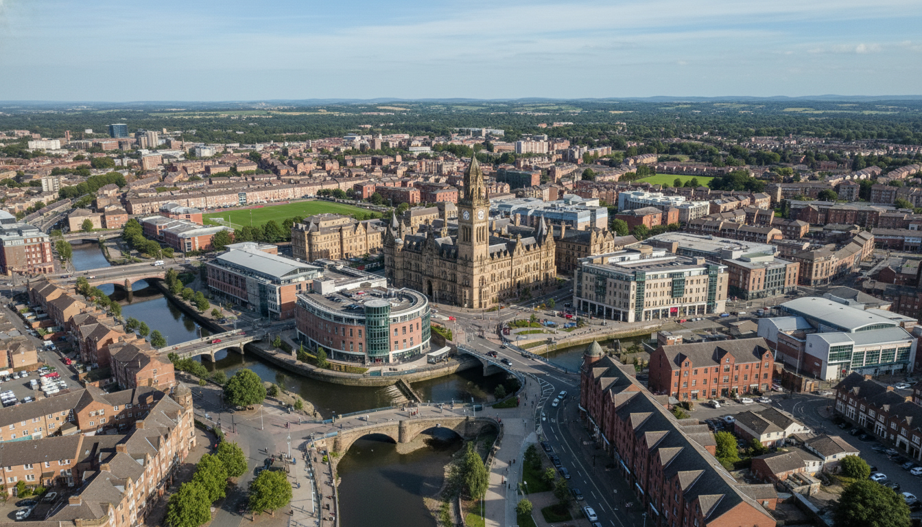 Rochdale, UK - aerial view showing the town center and local architecture