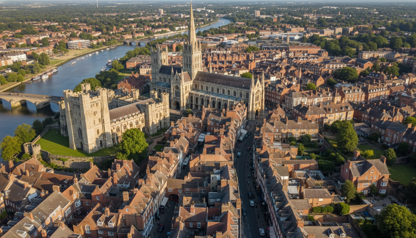 Rochester, UK - aerial view showing the town center and local architecture