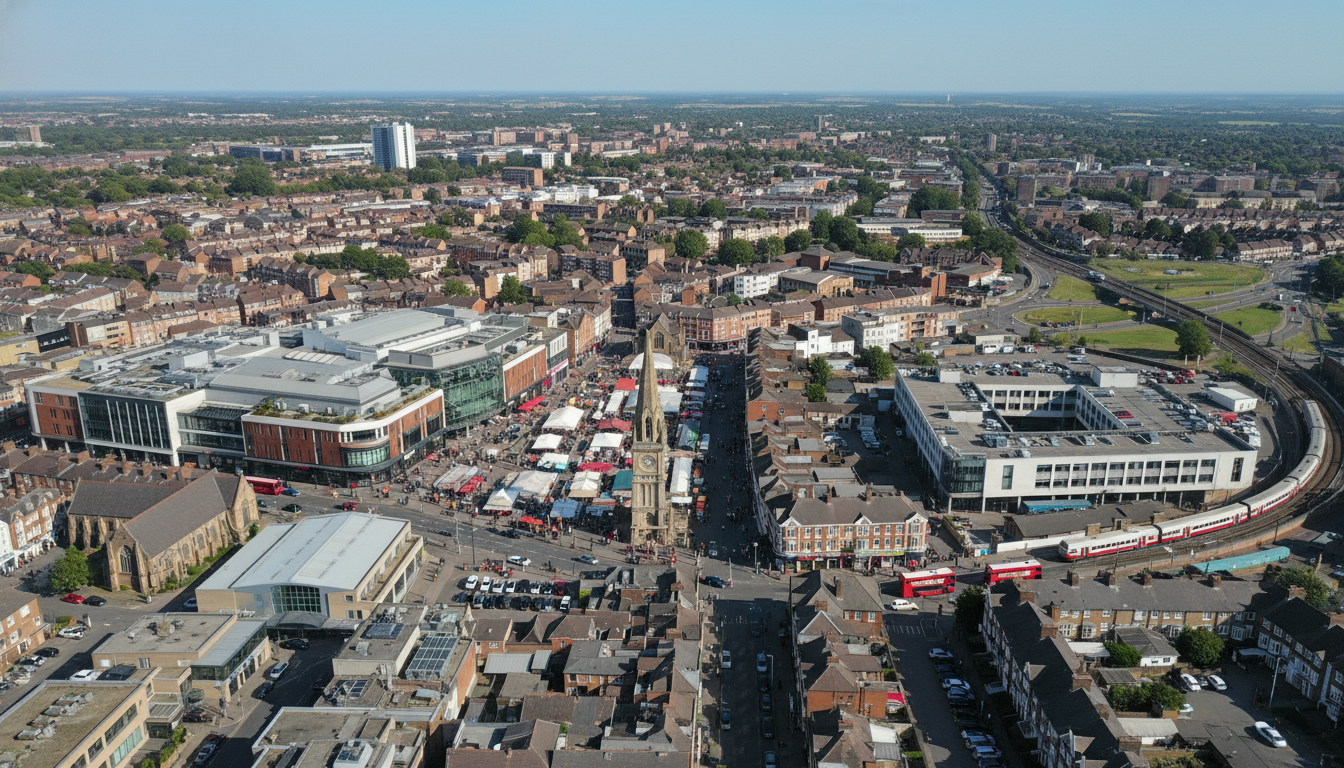 Romford, UK - aerial view showing the town center and local architecture