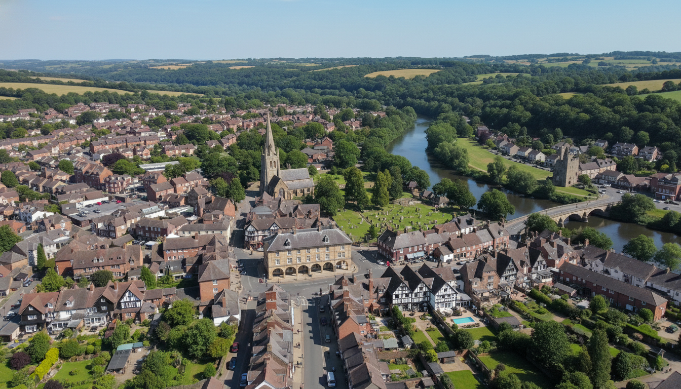 Ross-on-Wye, UK - aerial view showing the town center and local architecture