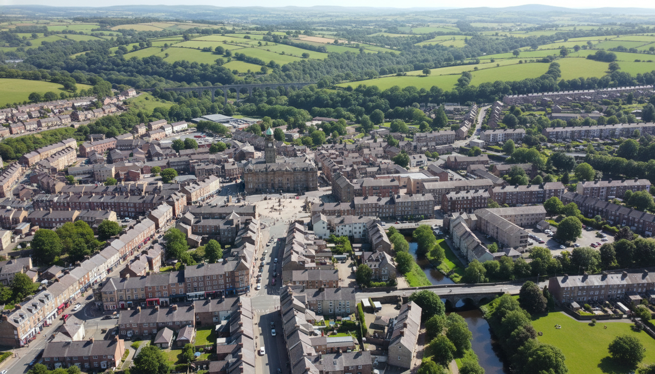 Rossendale, UK - aerial view showing the town center and local architecture