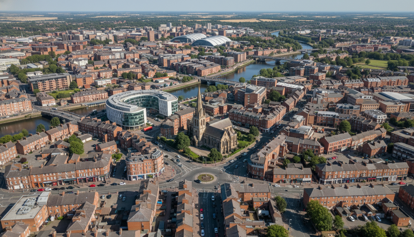 Rotherham, UK - aerial view showing the town center and local architecture