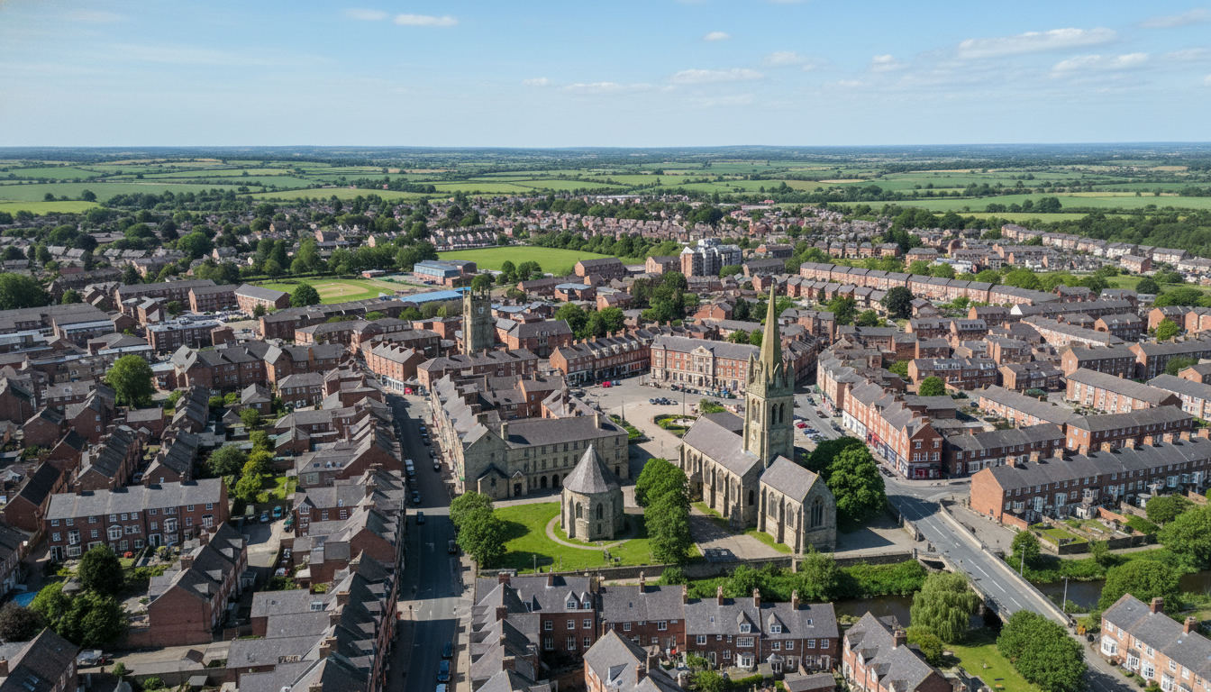 Rothwell, UK - aerial view showing the town center and local architecture