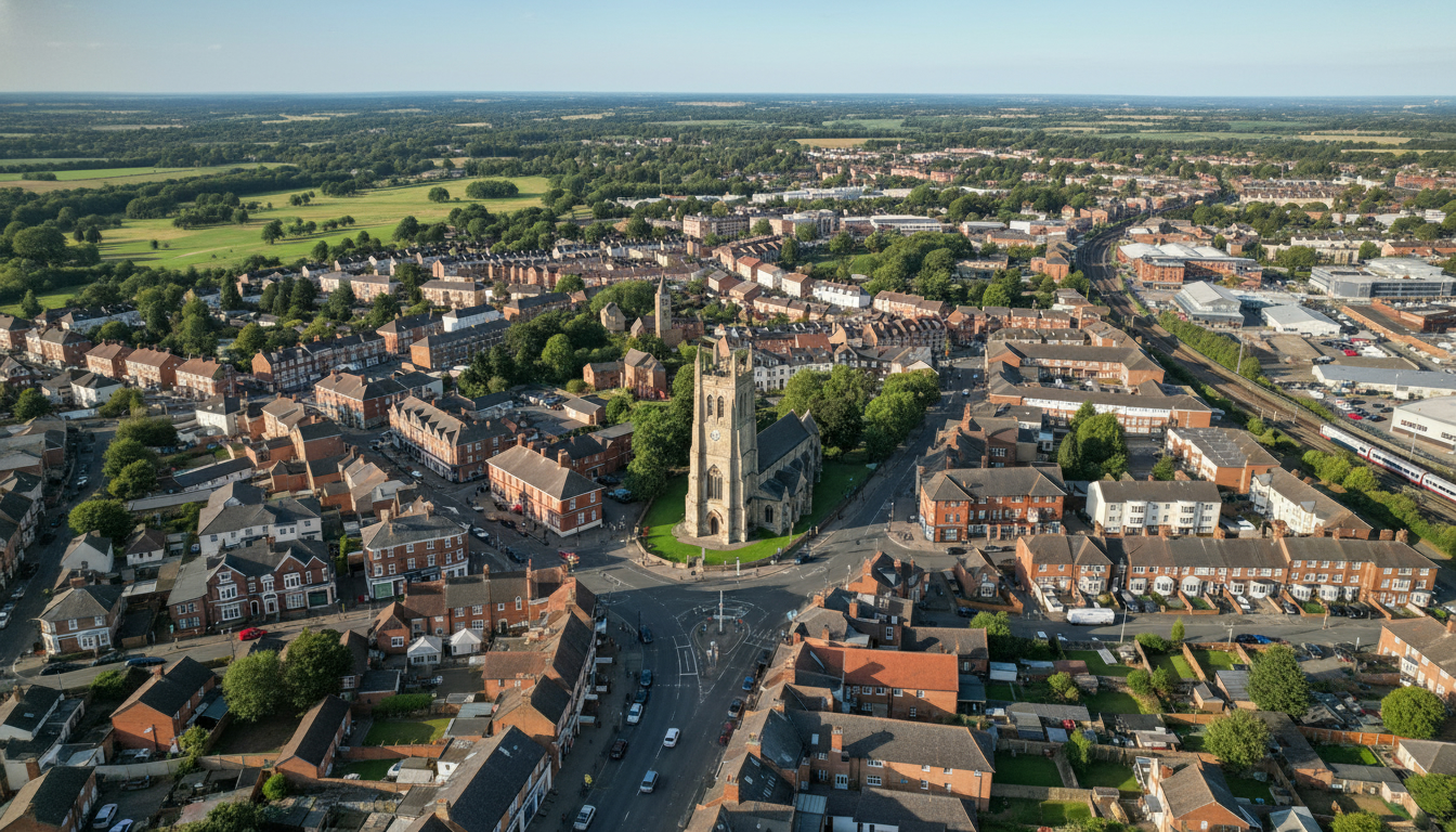 Royston, UK - aerial view showing the town center and local architecture