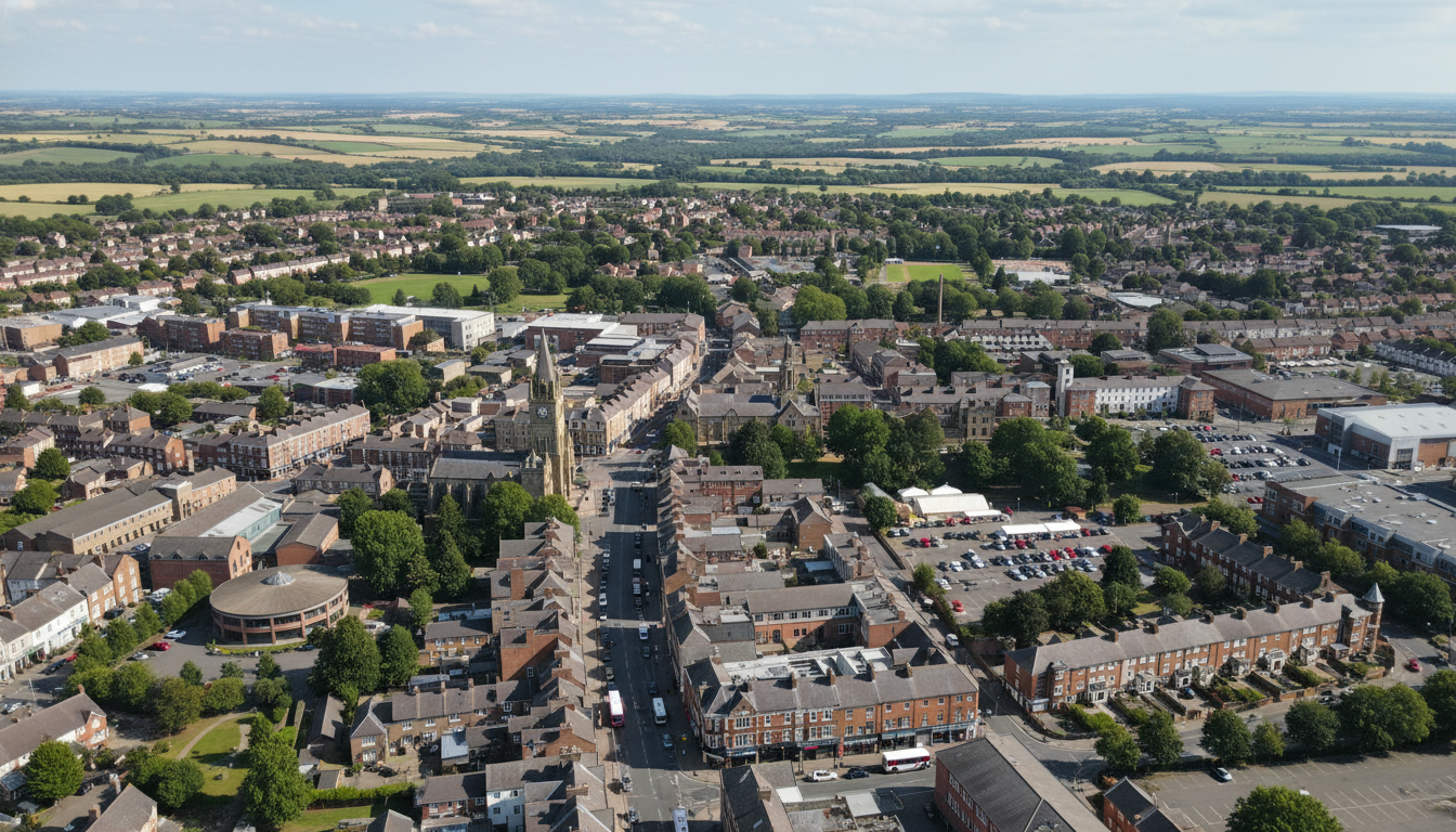 Rushden, UK - aerial view showing the town center and local architecture