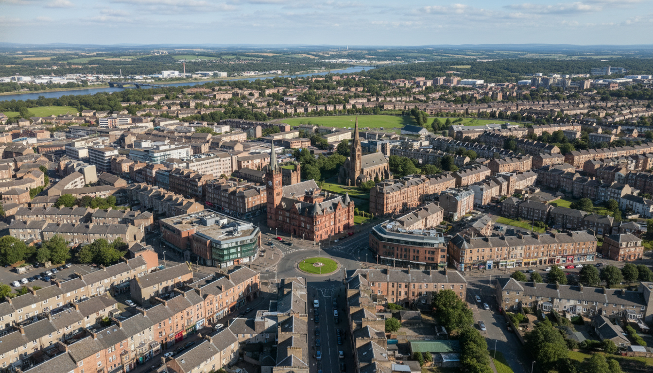 Rutherglen, UK - aerial view showing the town center and local architecture