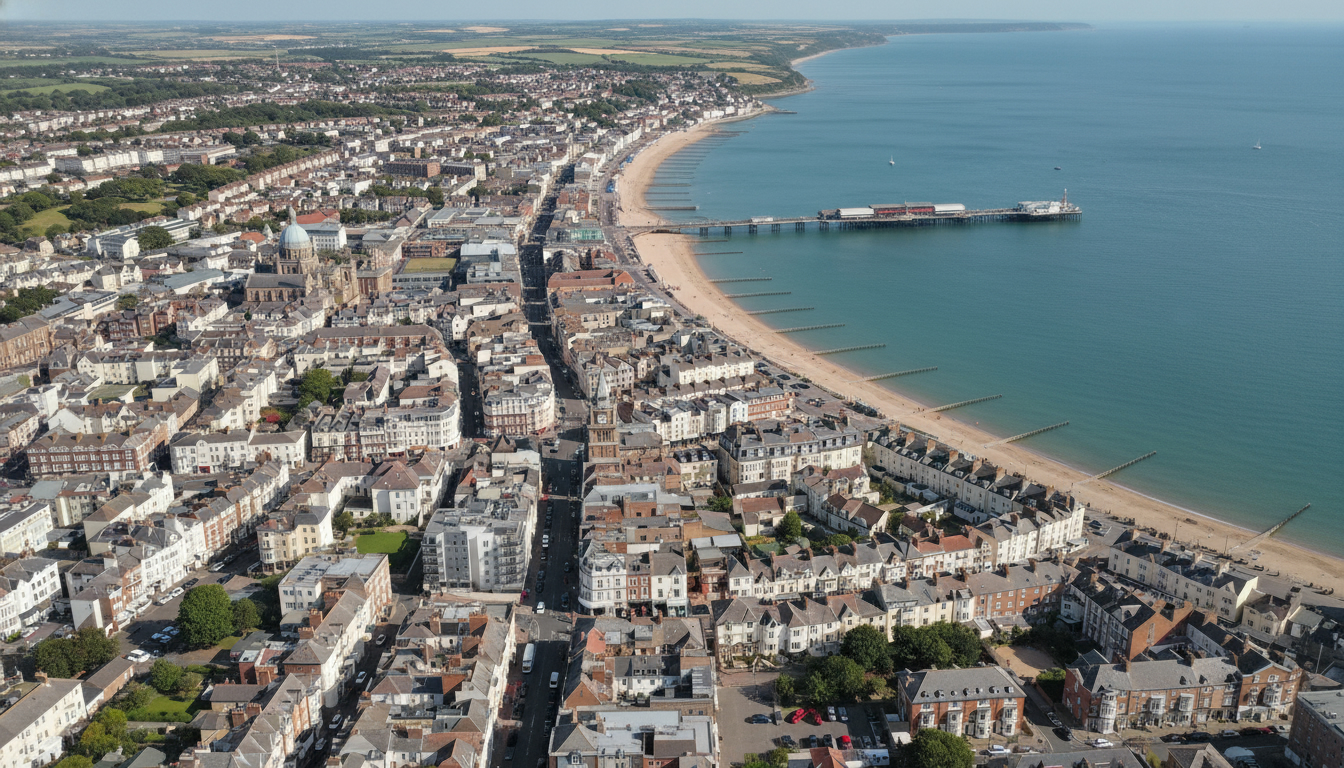 Ryde, UK - aerial view showing the town center and local architecture