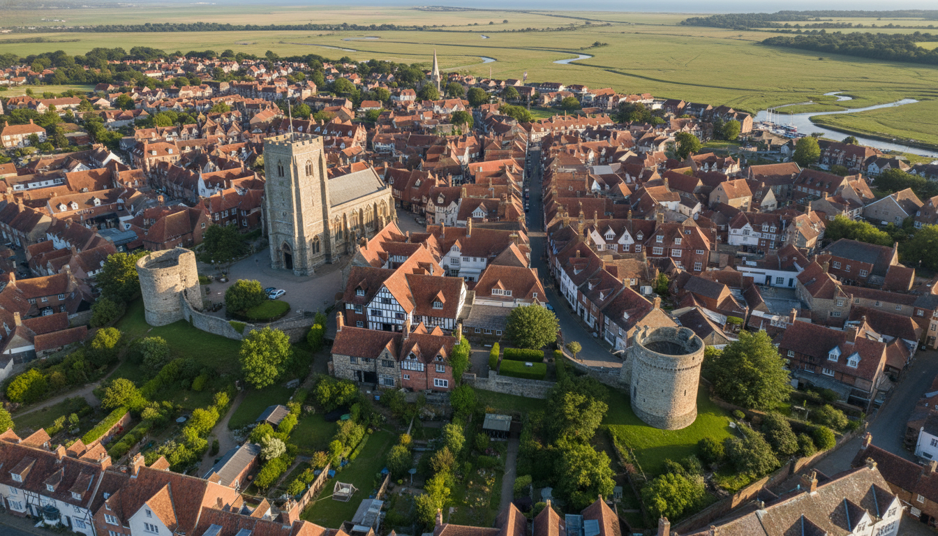 Rye, UK - aerial view showing the town center and local architecture