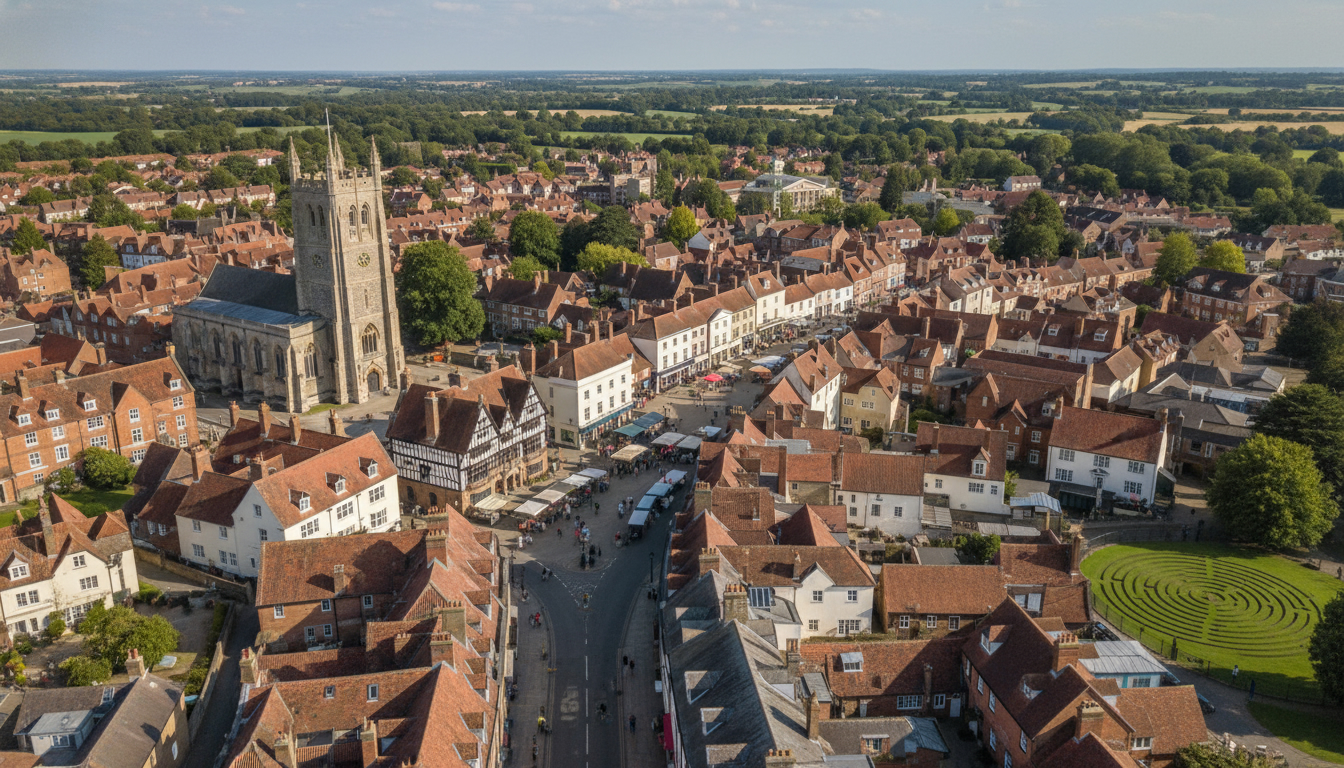 Saffron Walden, UK - aerial view showing the town center and local architecture