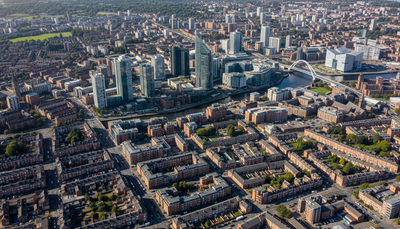 Salford, UK - aerial view showing the town center and local architecture