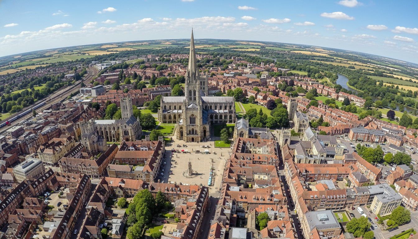 Salisbury, UK - aerial view showing the town center and local architecture