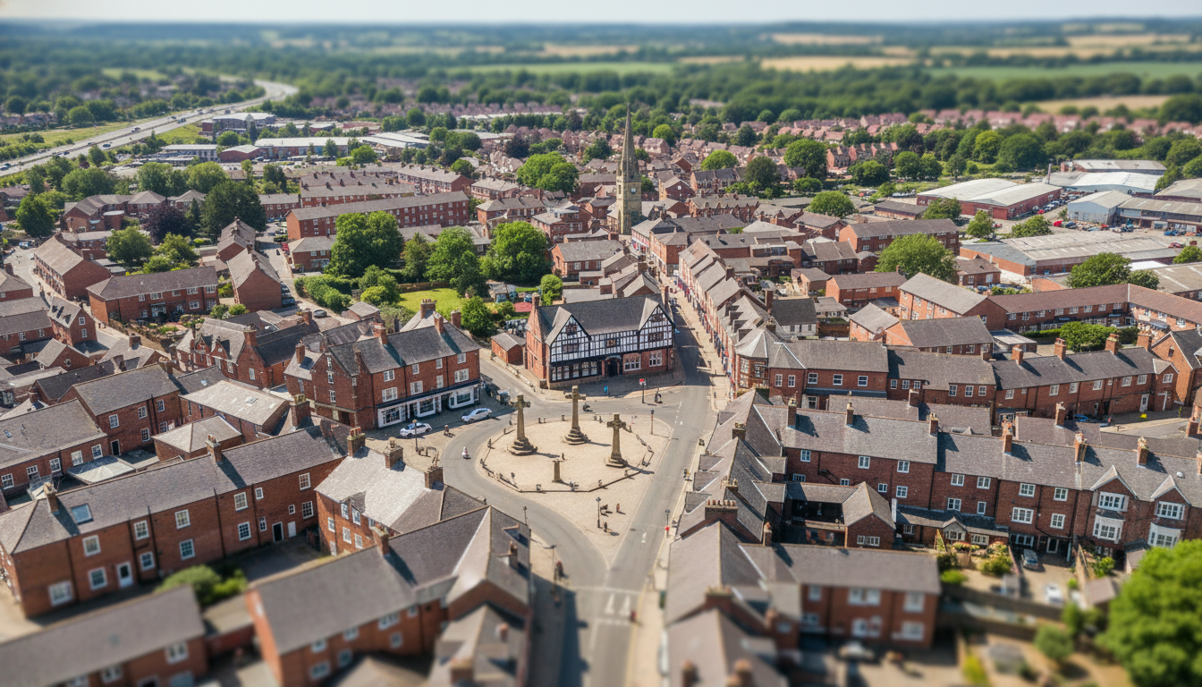 Sandbach, UK - aerial view showing the town center and local architecture