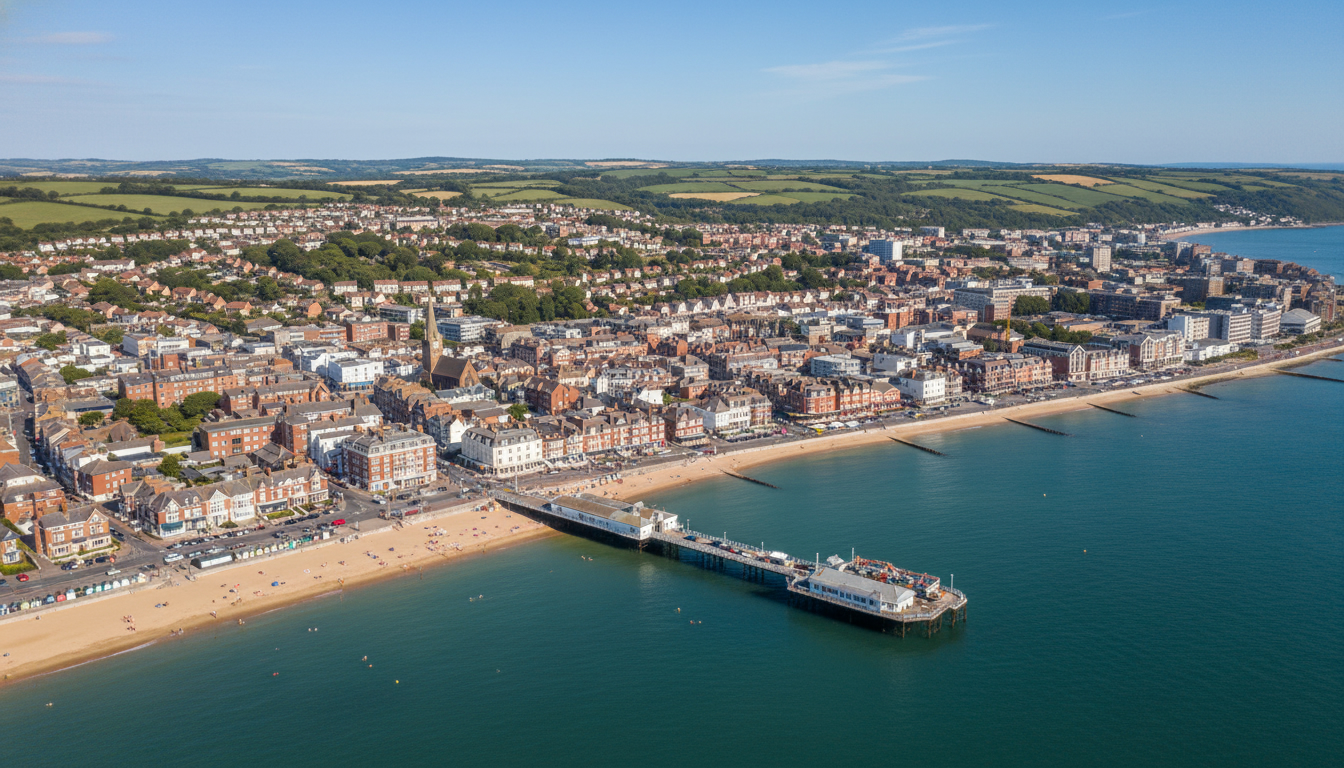 Sandown, UK - aerial view showing the town center and local architecture
