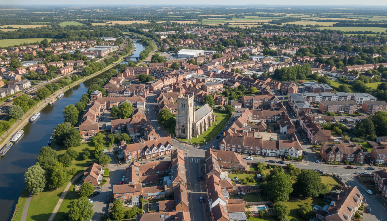 Sawbridgeworth, UK - aerial view showing the town center and local architecture