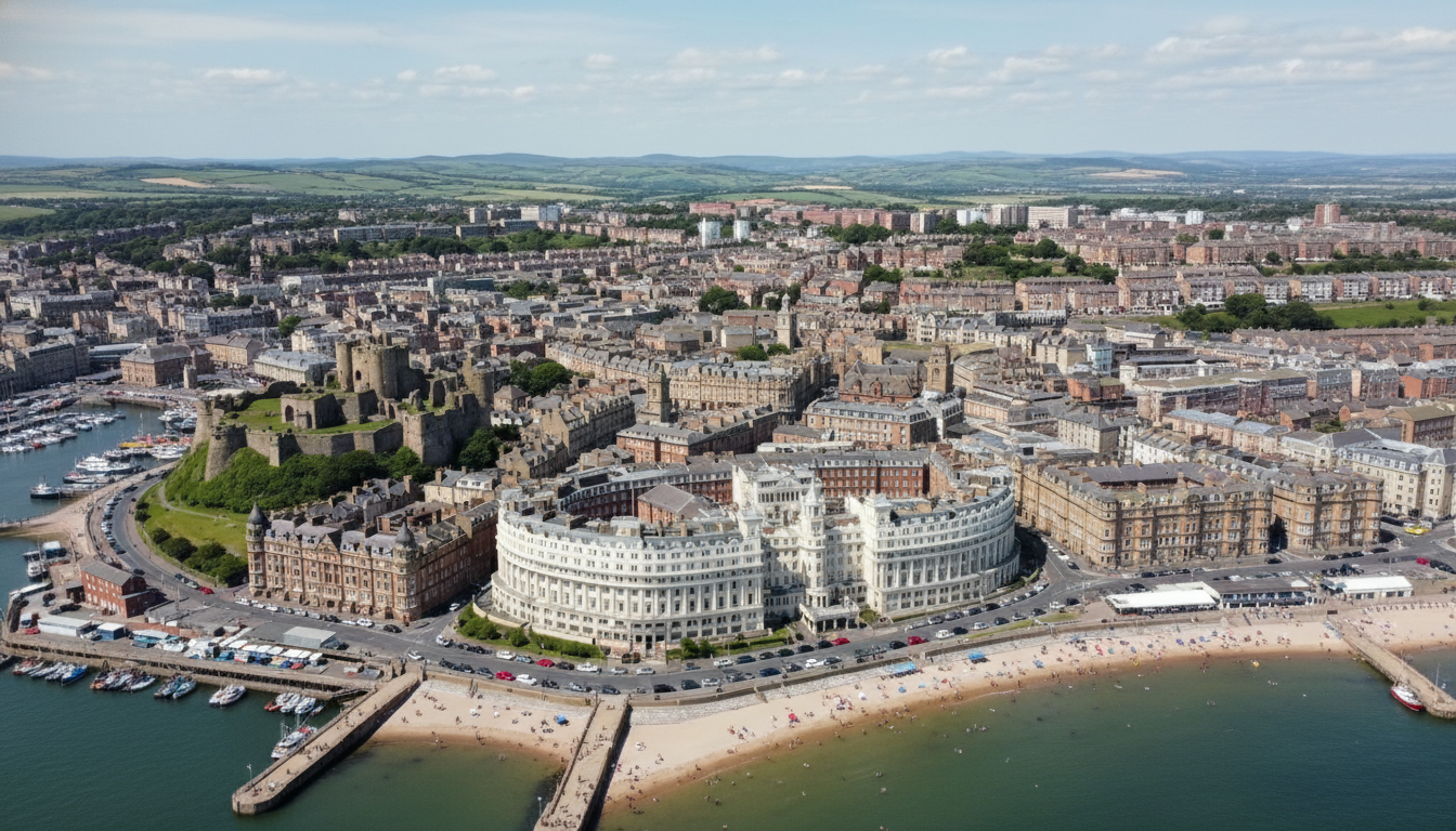 Scarborough, UK - aerial view showing the town center and local architecture